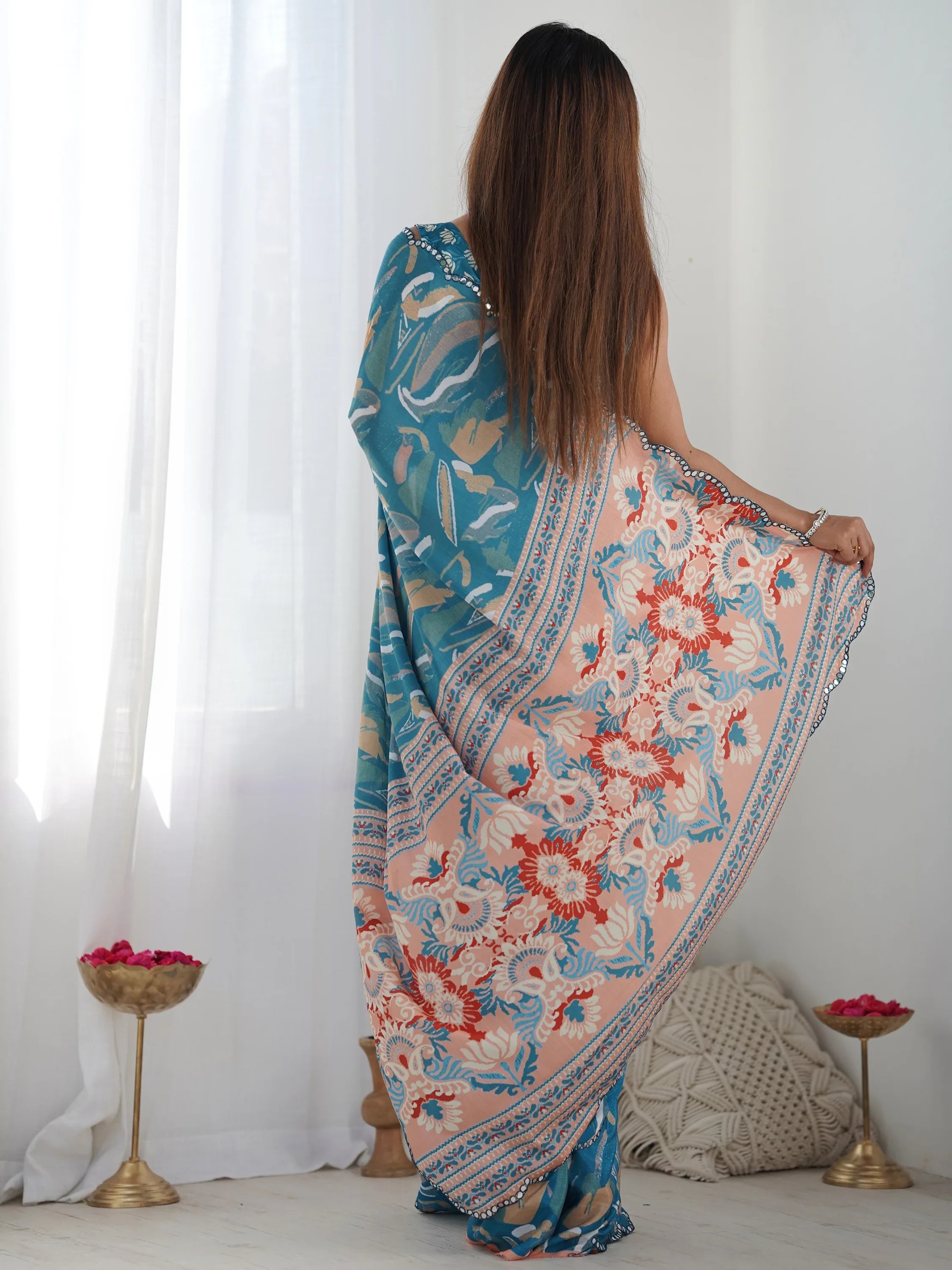 Marvelous Teal Blue Digital Printed Chinon Casual Wear Saree