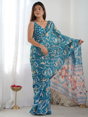 Marvelous Teal Blue Digital Printed Chinon Casual Wear Saree