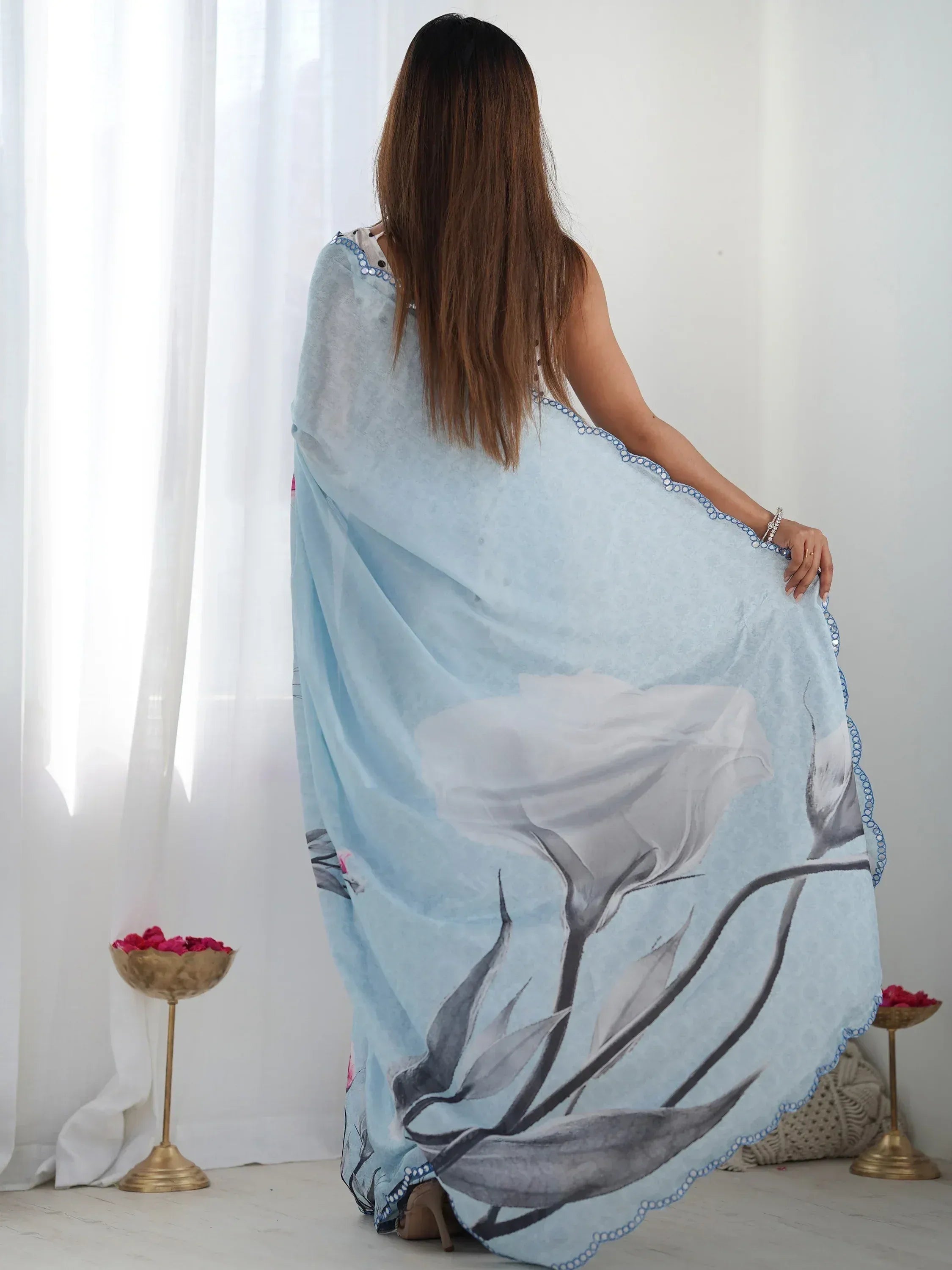Light blue floral print saree with sequin border, Indian ethnic wear for women
