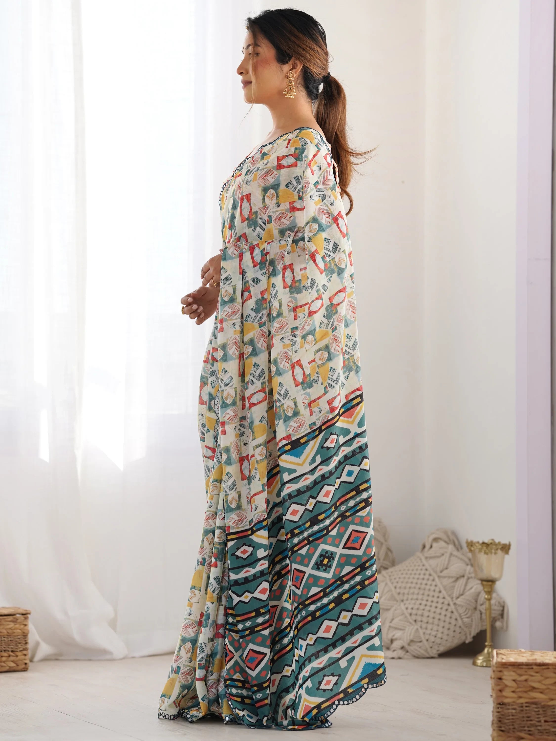 Awesome Off-White Digital Printed Chinon Festival Wear Saree