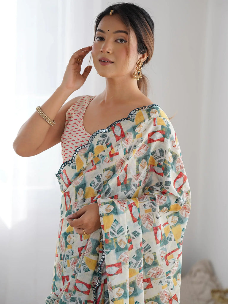 Awesome Off-White Digital Printed Chinon Festival Wear Saree