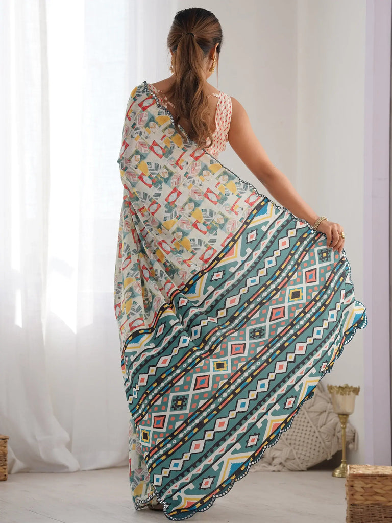 Awesome Off-White Digital Printed Chinon Festival Wear Saree