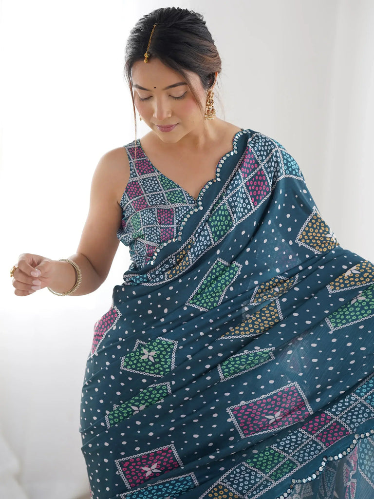 Outstanding Teal Blue Digital Printed Chinon Casual Wear Saree