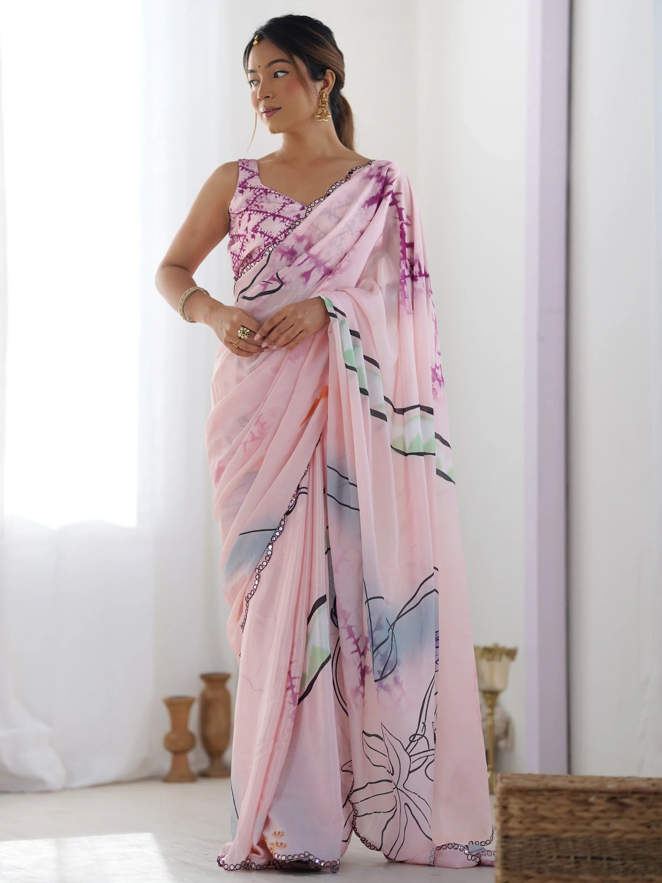 Wonderful Pink Digital Printed Chinon Office Wear Saree With Blouse