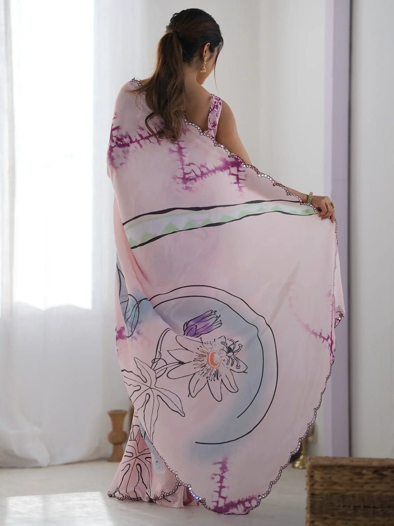 Wonderful Pink Digital Printed Chinon Office Wear Saree With Blouse