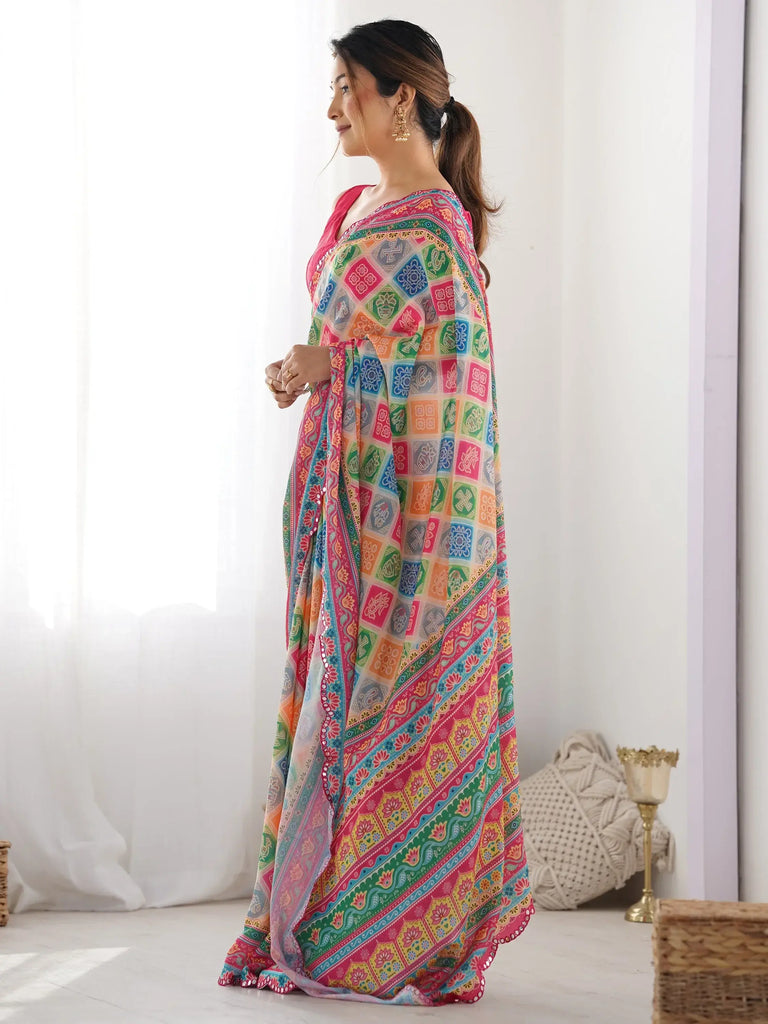 Dazzling Multi-Color Digital Printed Chinon Saree With Blouse