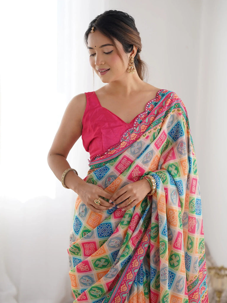 Dazzling Multi-Color Digital Printed Chinon Saree With Blouse
