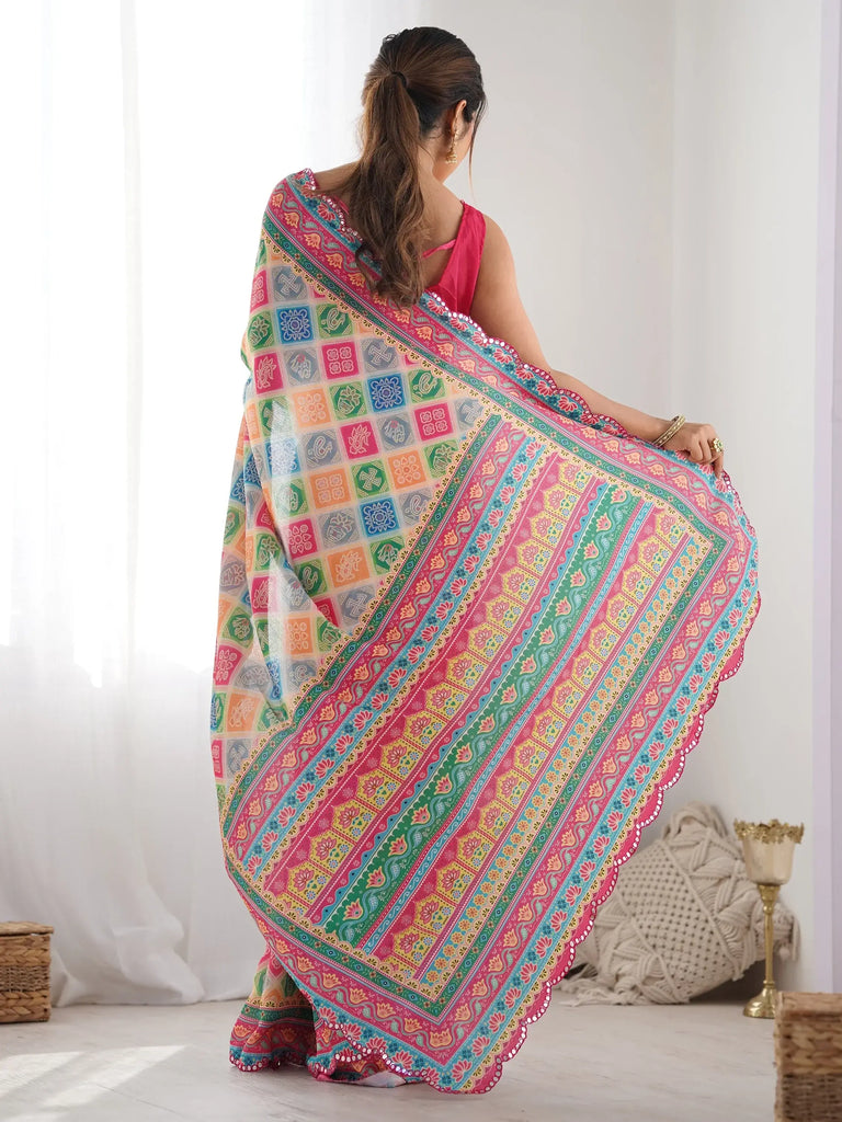 Dazzling Multi-Color Digital Printed Chinon Saree With Blouse