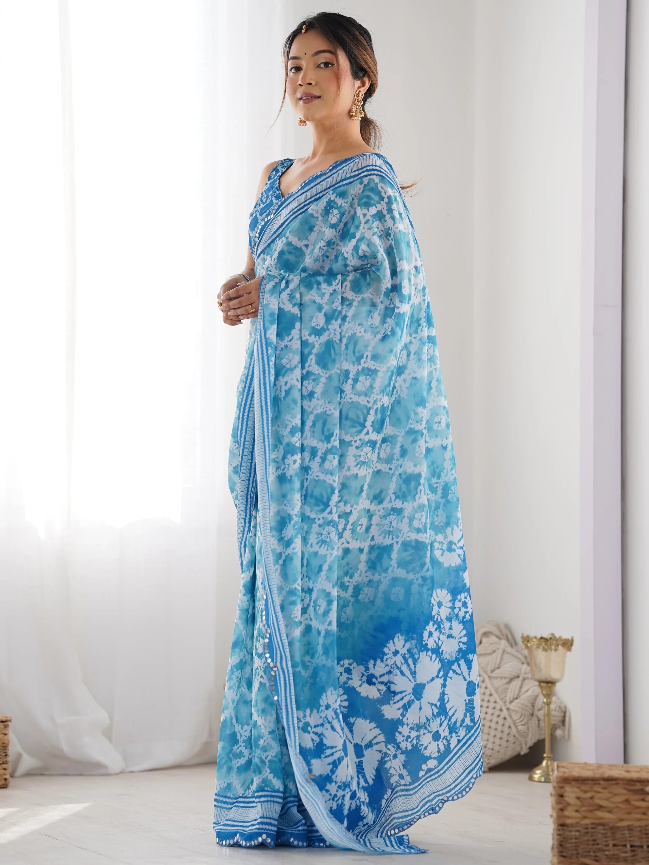 Spectacular Blue Digital Printed Chinon Office Wear Saree With Blouse
