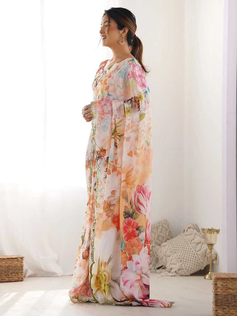 Captivating Multi-Color Floral Printed Chinon Festival Wear Saree