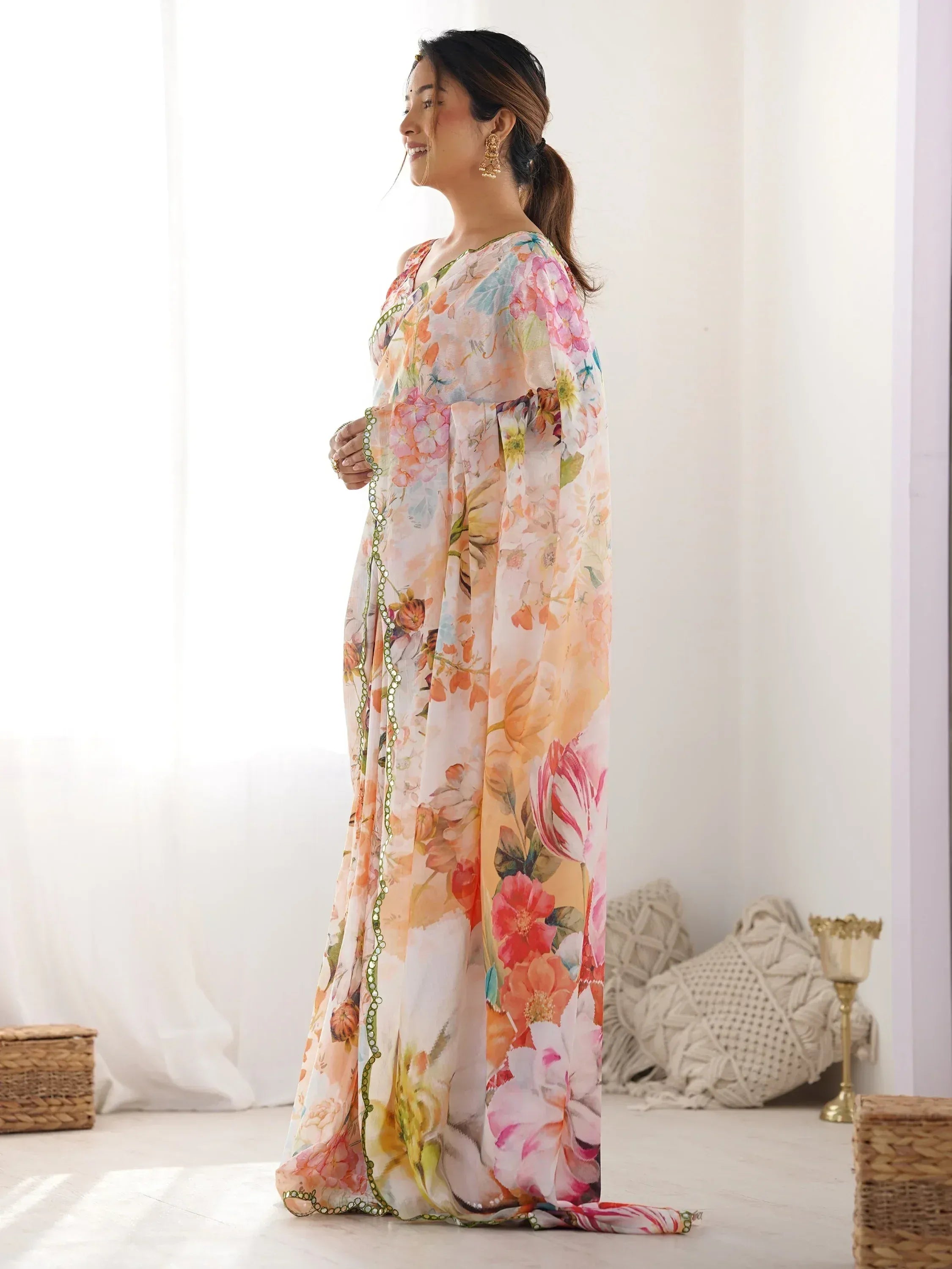 Floral print ethnic gown with mirror work, perfect for Indian occasions and festive wear