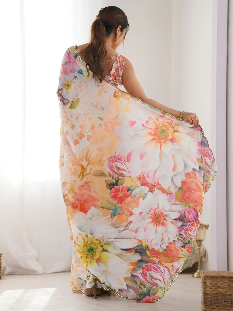 Captivating Multi-Color Floral Printed Chinon Festival Wear Saree