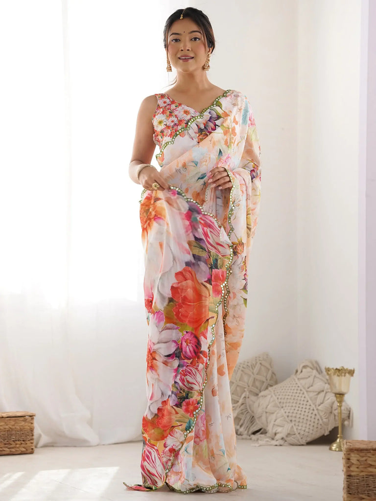 Captivating Multi-Color Floral Printed Chinon Festival Wear Saree