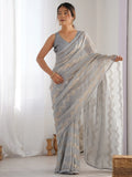 Enchanting Grey Sequins Georgette Reception Wear Saree With Blouse