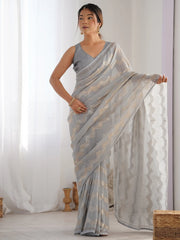 Enchanting Grey Sequins Georgette Reception Wear Saree With Blouse