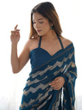 Incredible Teal Blue Sequins Georgette Cocktail Party Wear Saree