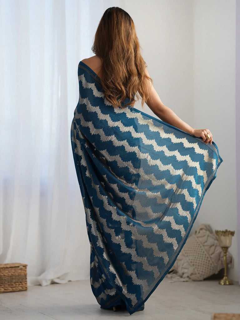 Incredible Teal Blue Sequins Georgette Cocktail Party Wear Saree