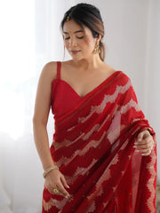 Marvelous Red Sequins Georgette Party Wear Saree With Blouse
