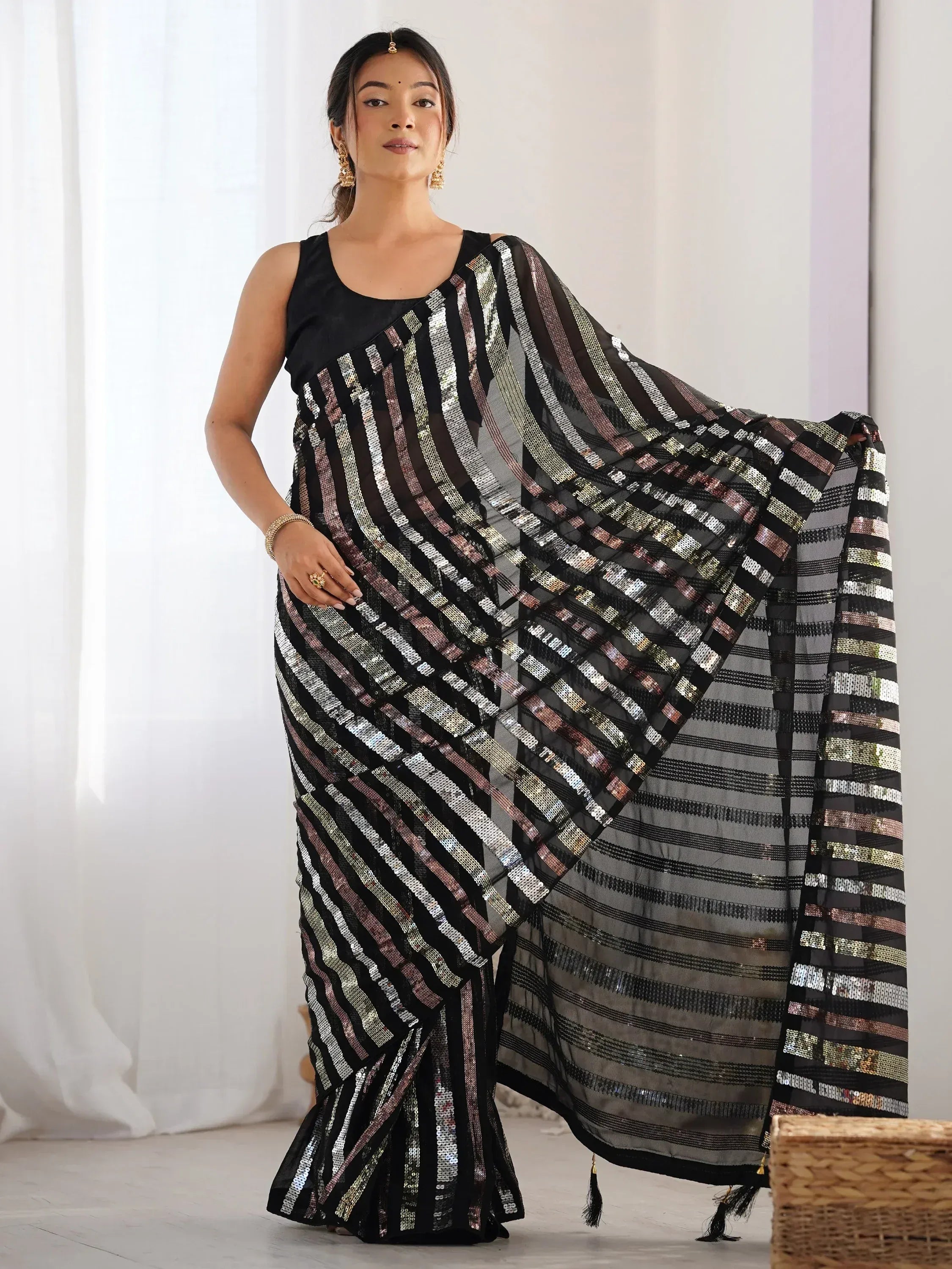 Black sequin saree with striped pattern, Indian ethnic wear for women, stylish designer saree