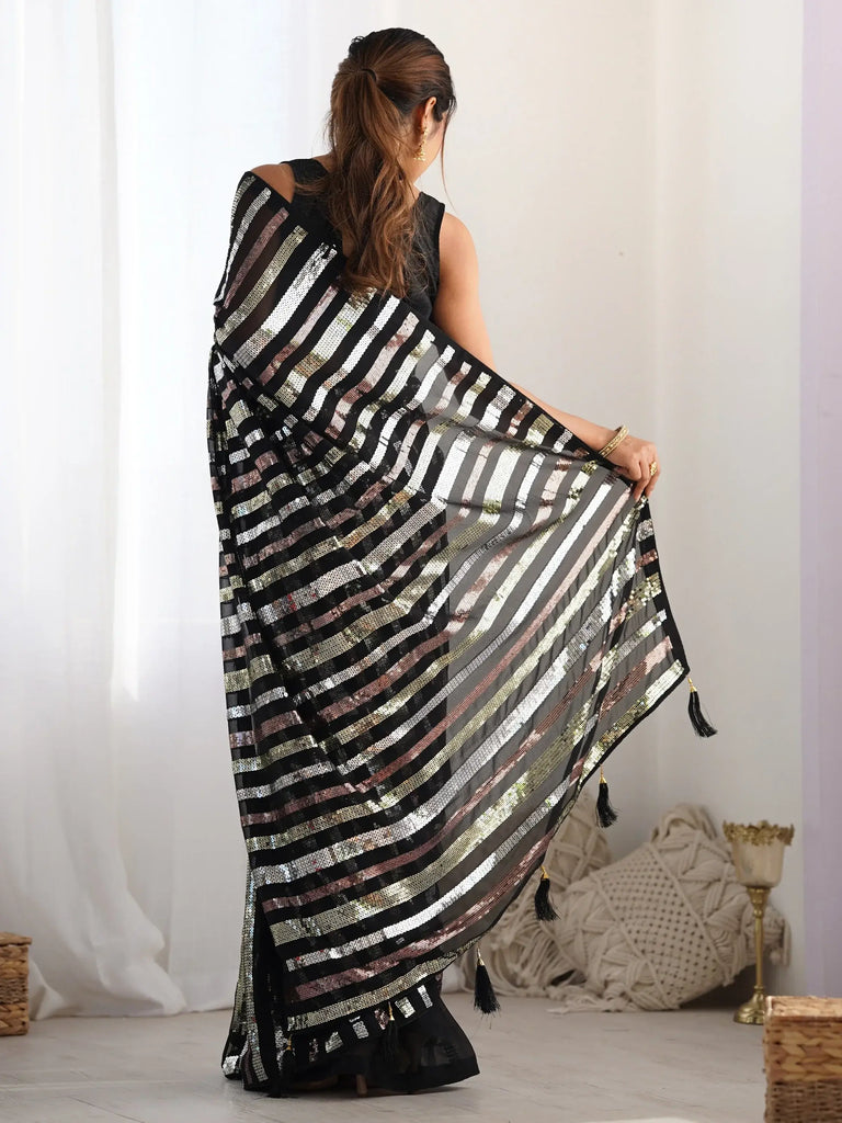 Wonderful Black Sequins Georgette Reception Wear Saree With Blouse