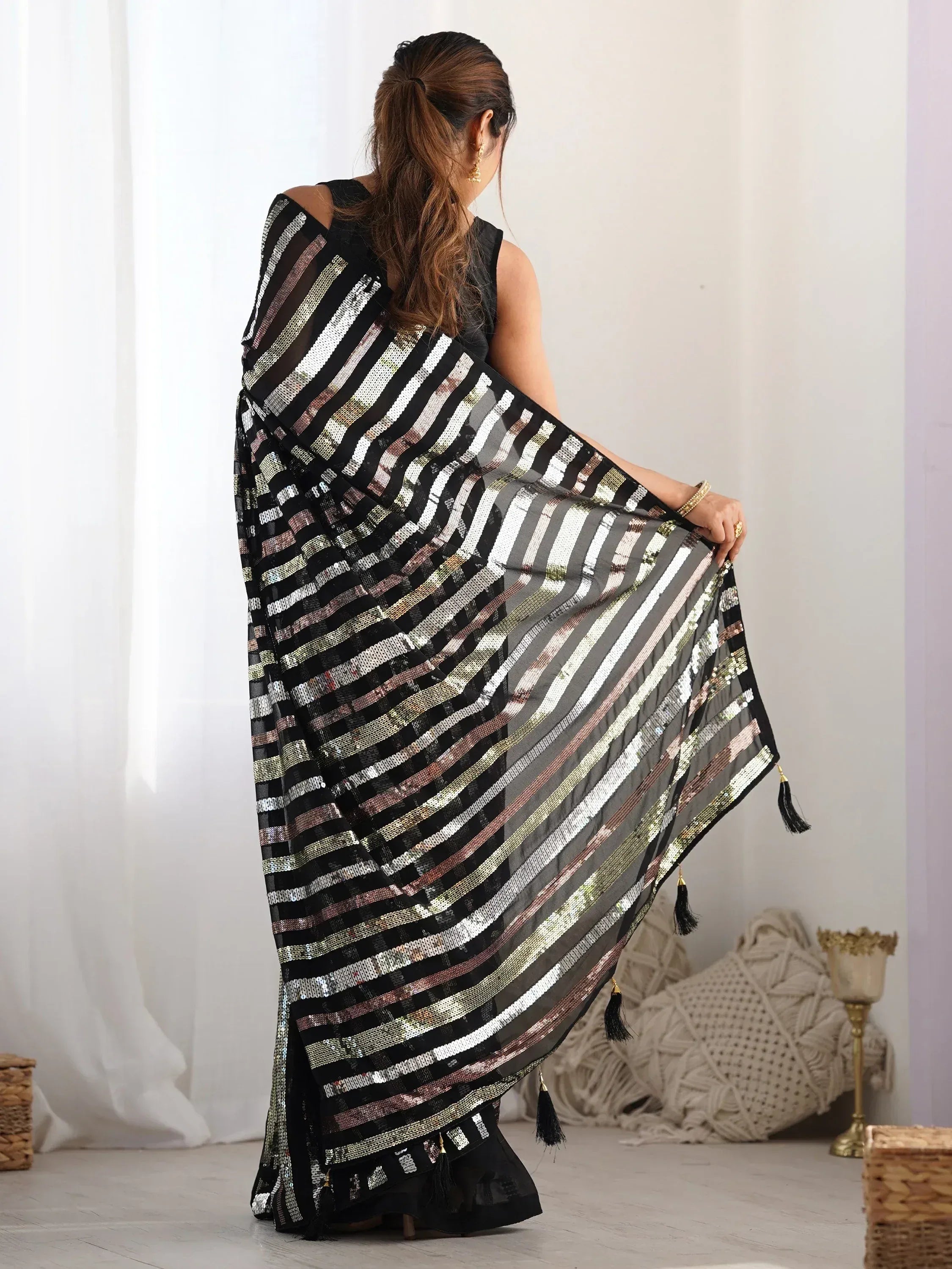 Black sequin striped saree with tassels, Indian ethnic wear for parties