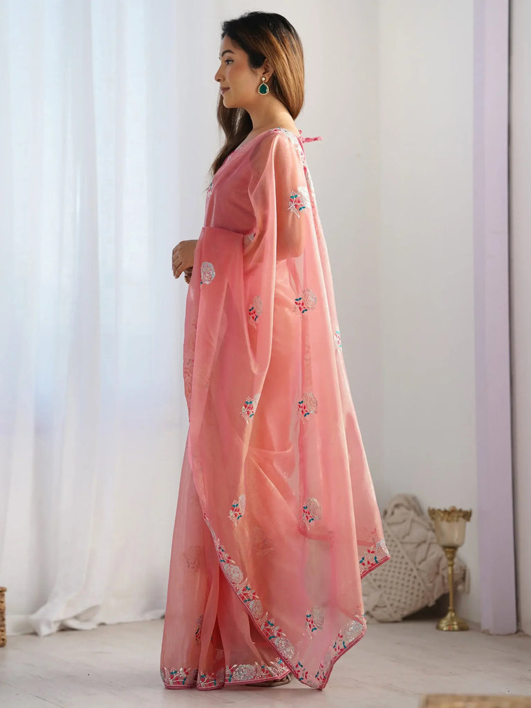 Beautiful Peach Thread Work Net Event Wear Saree With Blouse