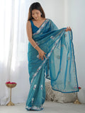 Stunning Teal Blue Sequins Net Festival Wear Saree With Blouse