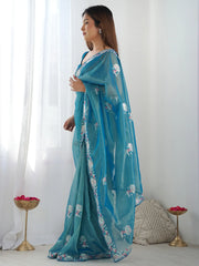 Stunning Teal Blue Sequins Net Festival Wear Saree With Blouse