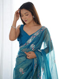 Stunning Teal Blue Sequins Net Festival Wear Saree With Blouse