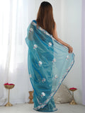 Stunning Teal Blue Sequins Net Festival Wear Saree With Blouse