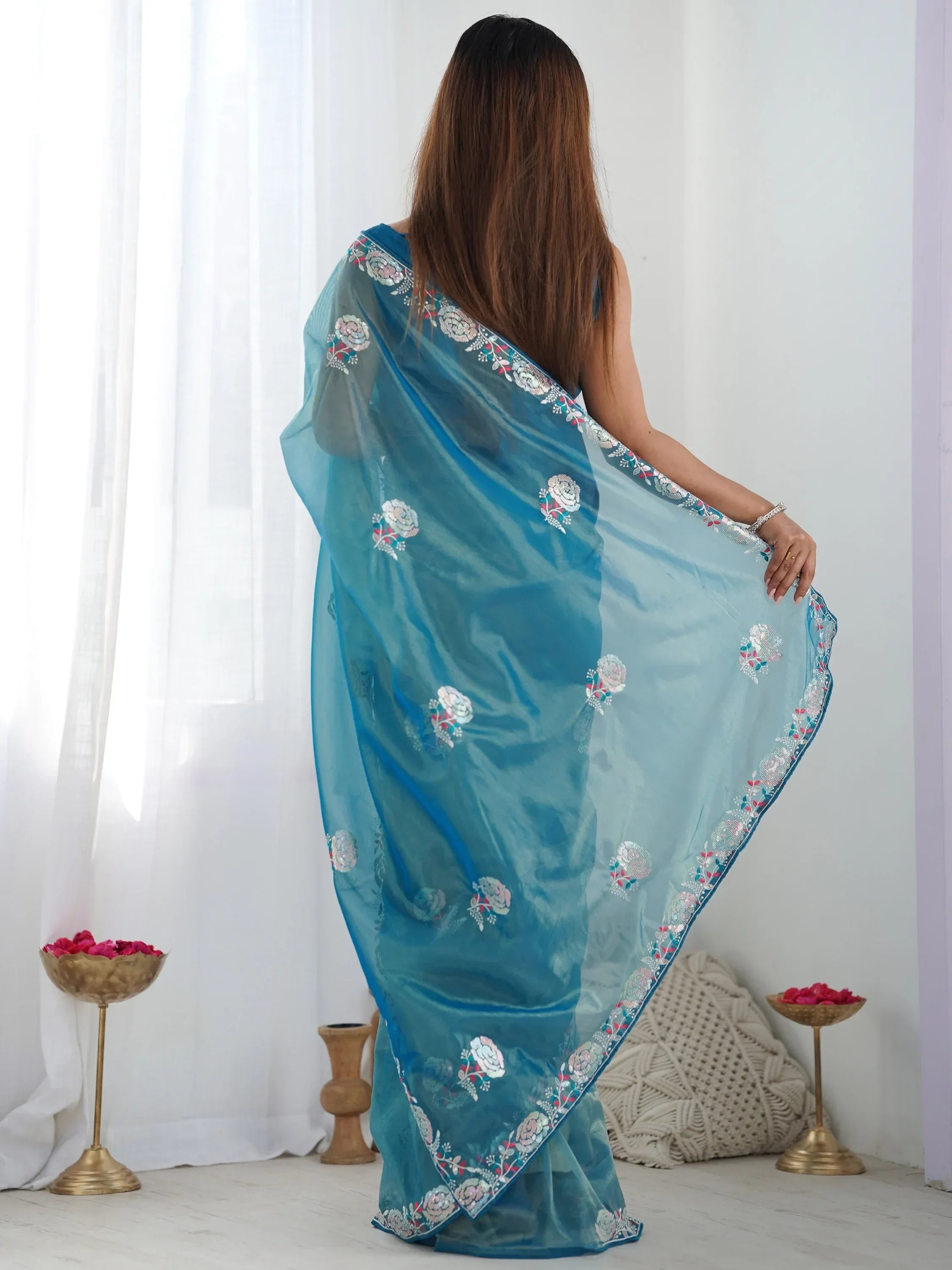 Stunning Teal Blue Sequins Net Festival Wear Saree With Blouse