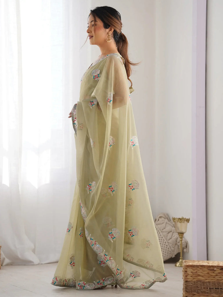 Astonishing Pista Green Thread Work Net Party Wear Saree