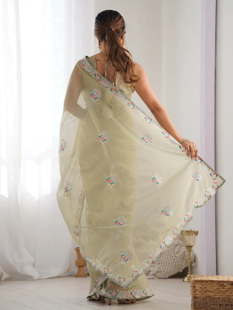 Astonishing Pista Green Thread Work Net Party Wear Saree