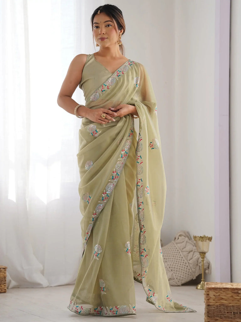 Astonishing Pista Green Thread Work Net Party Wear Saree