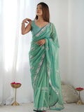 Spectacular Sea Green Sequins Net Event Wear Saree With Blouse