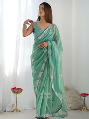 Spectacular Sea Green Sequins Net Event Wear Saree With Blouse