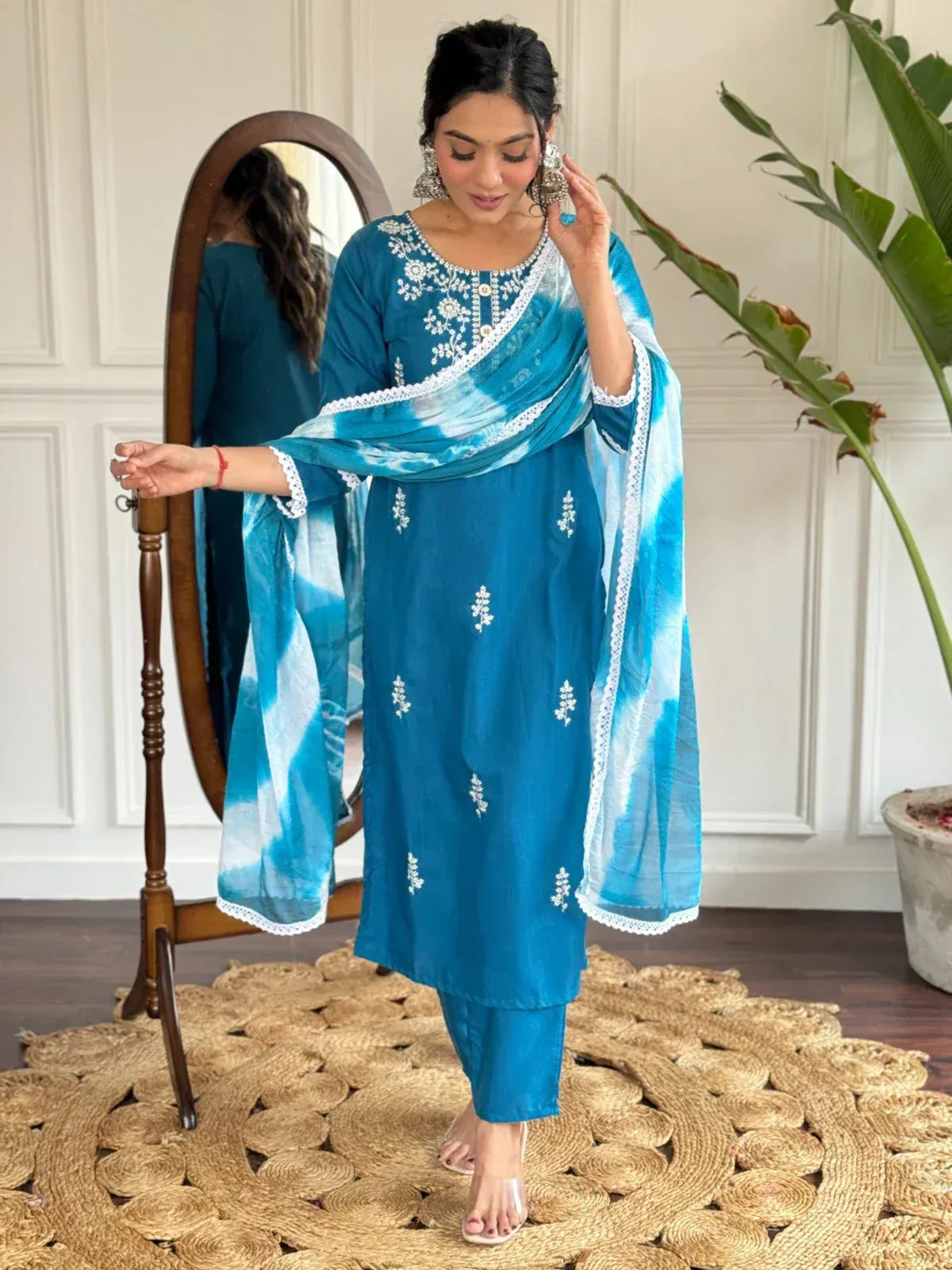 Blue embroidered salwar kameez with tie-dye dupatta, ethnic Indian wear for women