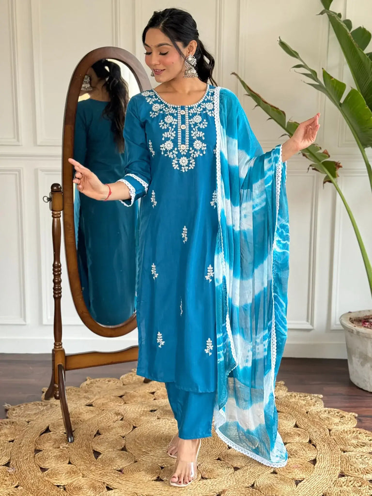 Gorgeous Blue Thread Embroidered Rayon Festival Wear Pant Suit