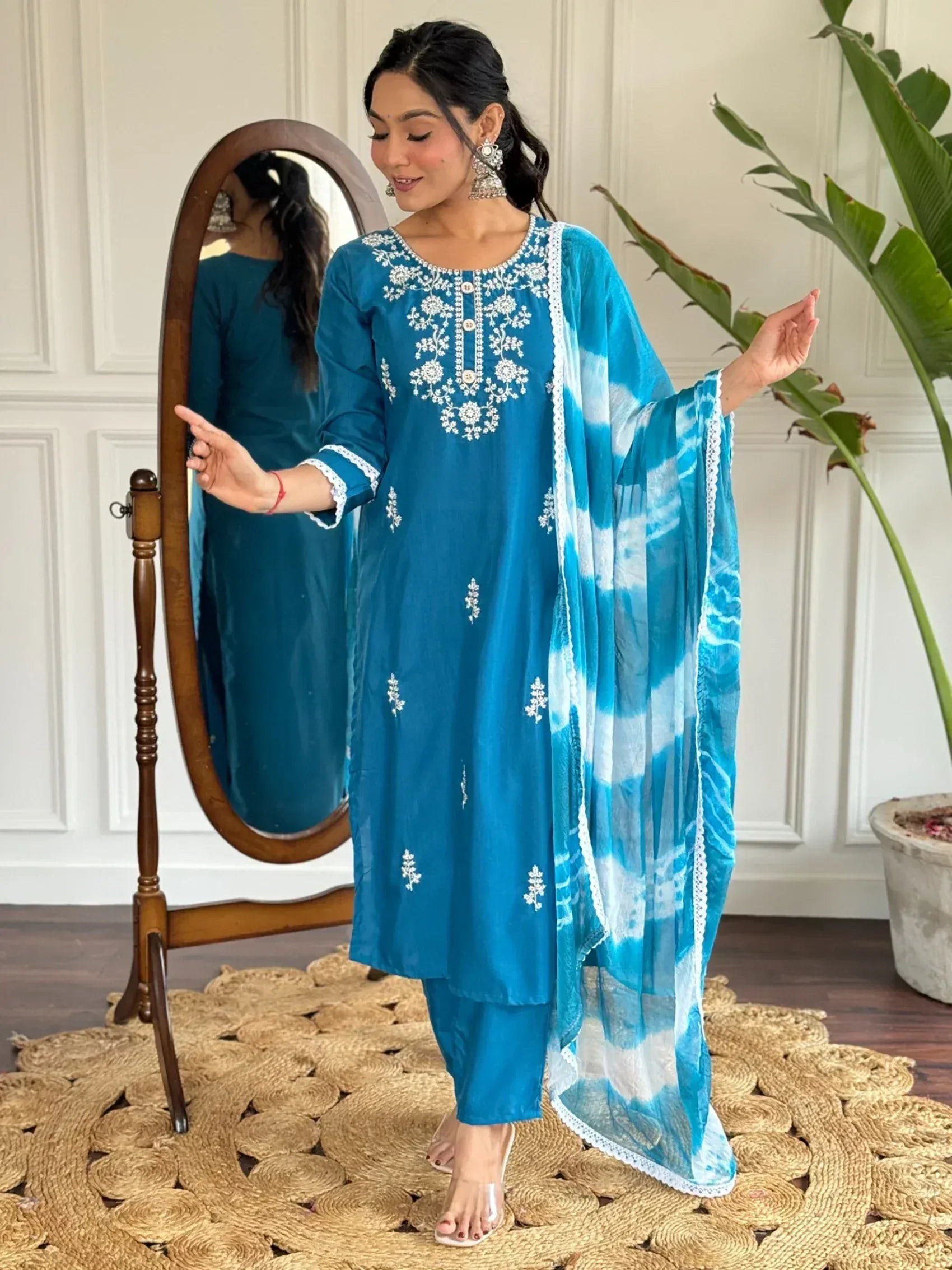 Blue embroidered salwar kameez with tie-dye dupatta, ethnic Indian wear for women