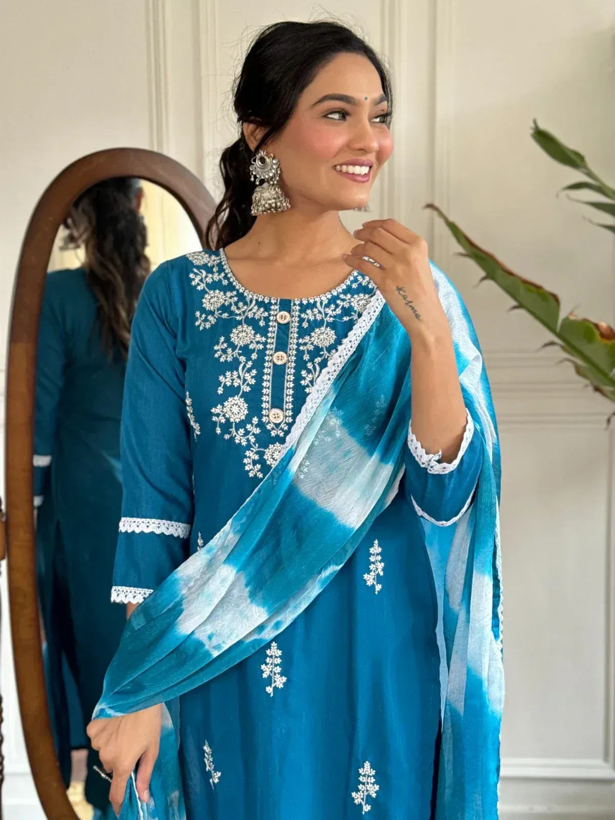 Blue embroidered salwar kameez with tie-dye dupatta, perfect for Indian ethnic wear occasions
