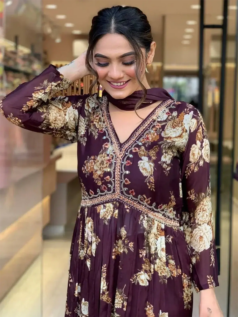 Captivating Wine Floral Printed Georgette Pant Suit With Dupatta