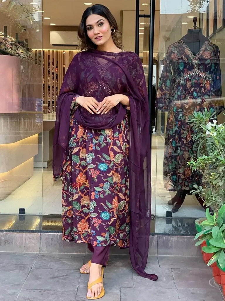 Attractive Purple Floral Printed Georgette Traditional Pant Suit