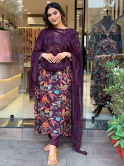 Attractive Purple Floral Printed Georgette Traditional Pant Suit