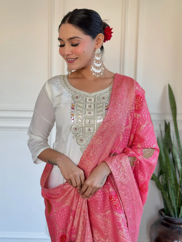 Amazing Off-White Embroidered Chanderi Pant Suit With Dupatta