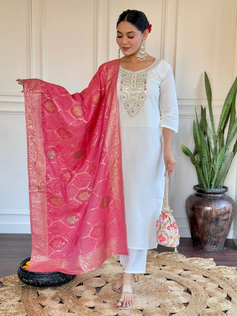 Amazing Off-White Embroidered Chanderi Pant Suit With Dupatta