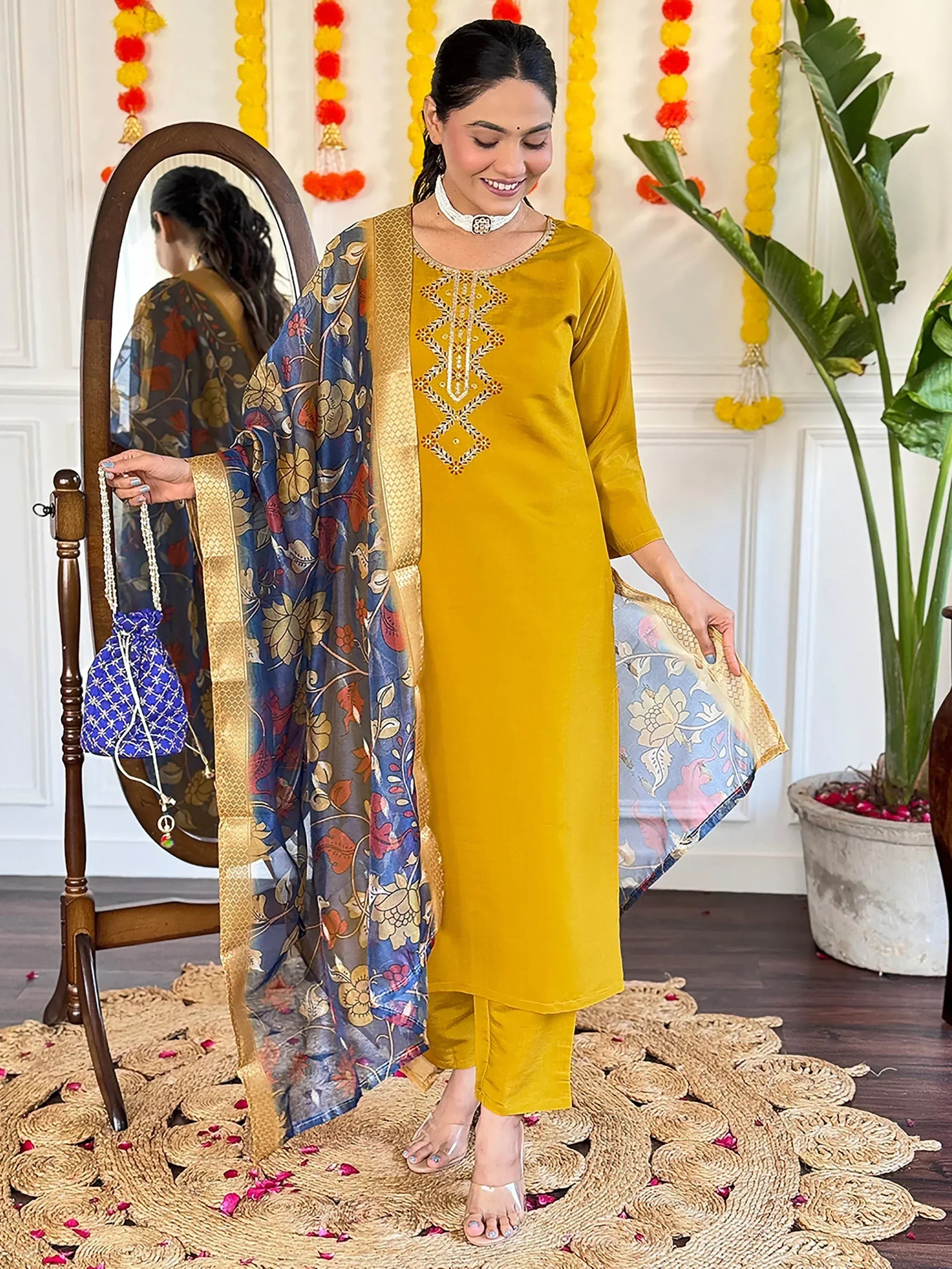 Mustard velvet kurta with floral dupatta, ethnic Indian wear for festive occasions