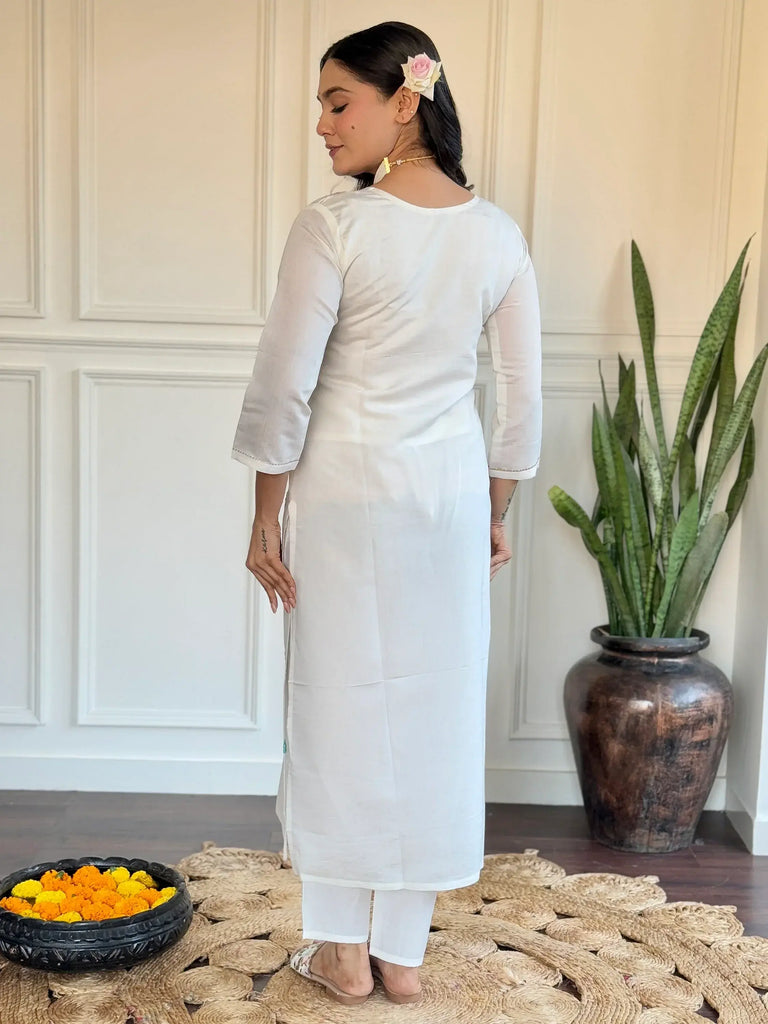 Dazzling Off-White Thread Embroidered Viscose Festival Wear Pant Suit