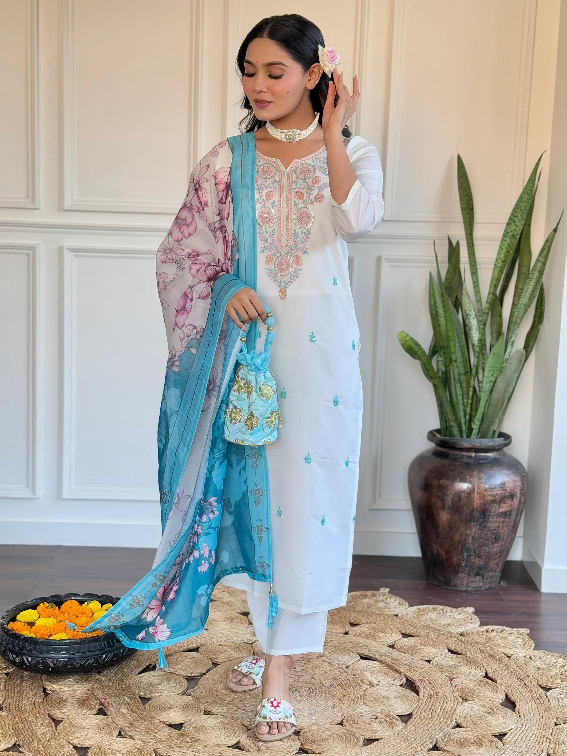 White embroidered kurta with blue floral dupatta, ethnic Indian wear for women