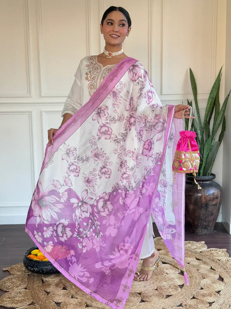 Adorable Off-White Thread Embroidered Viscose Pant Suit With Dupatta