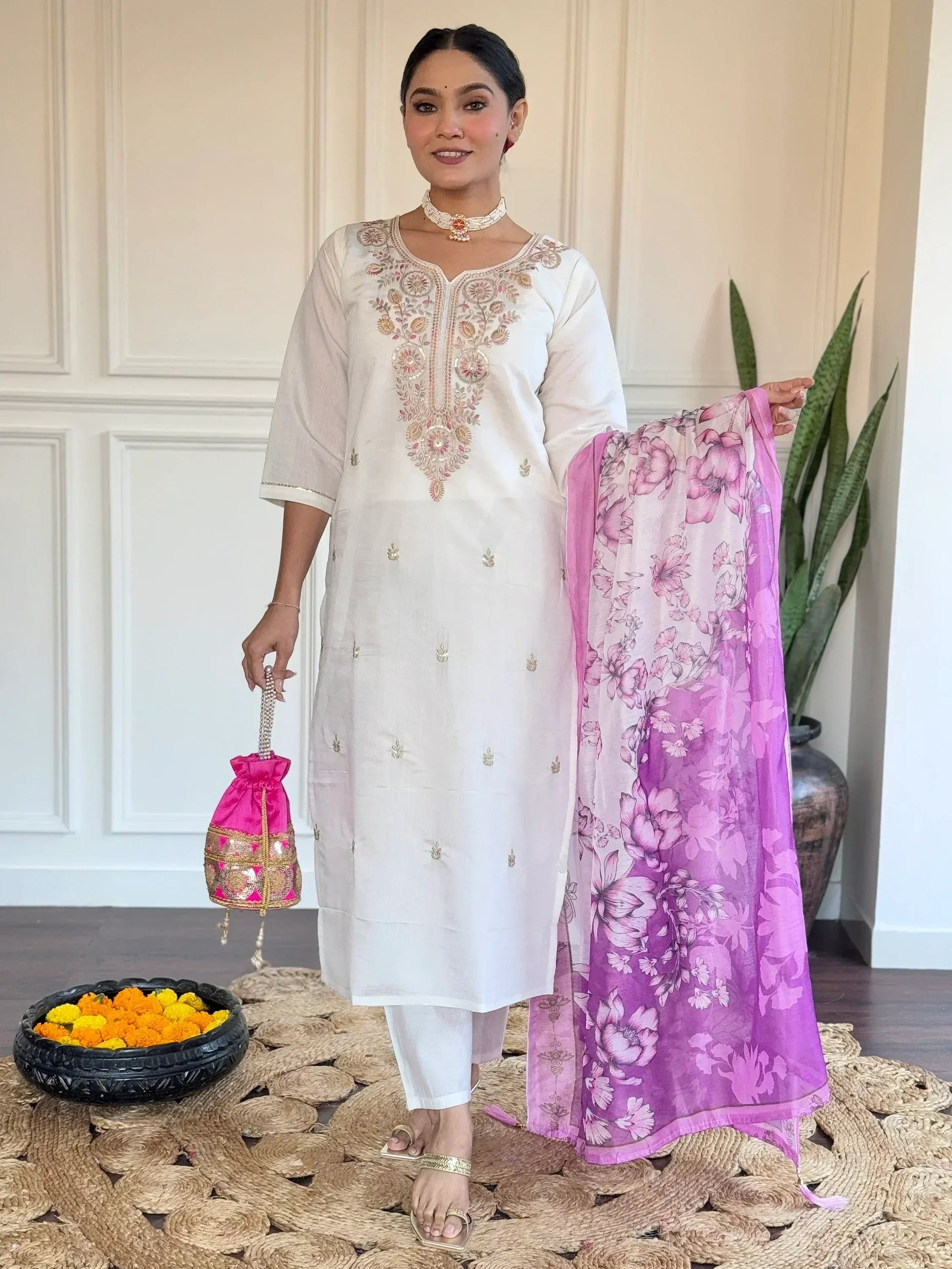 White embroidered kurta with pink floral dupatta, ethnic wear for women, perfect for festive occasions